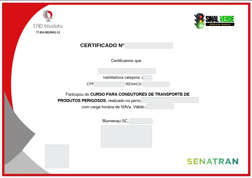 Modelo real de certificado da Sinal Verde com dados pessoais ocultados