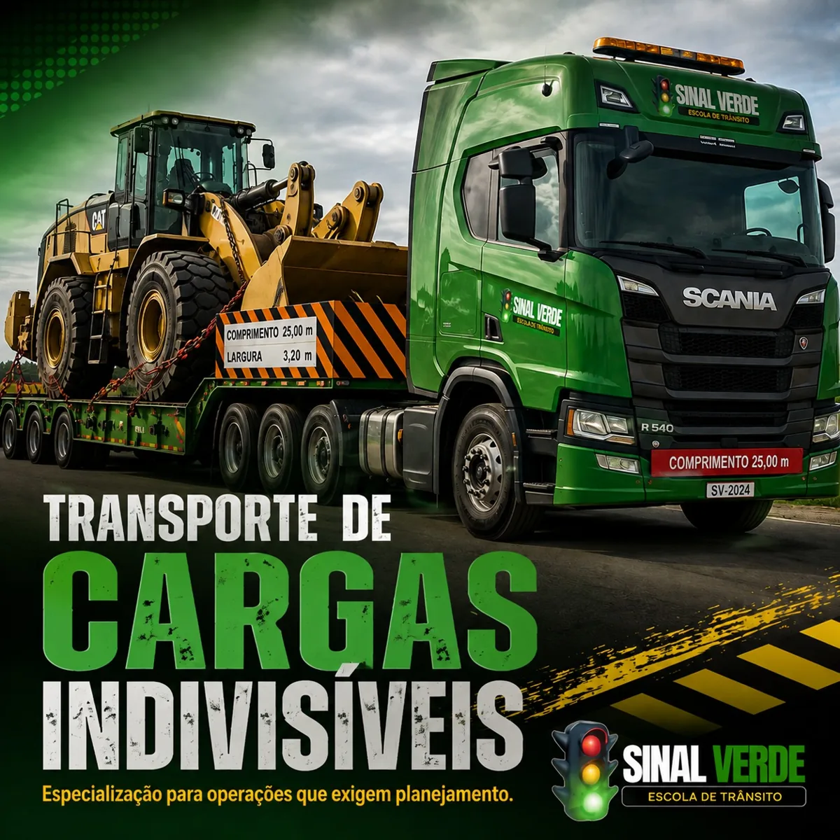 Condutor profissional diante de conjunto transportando carga industrial superdimensionada em rodovia
