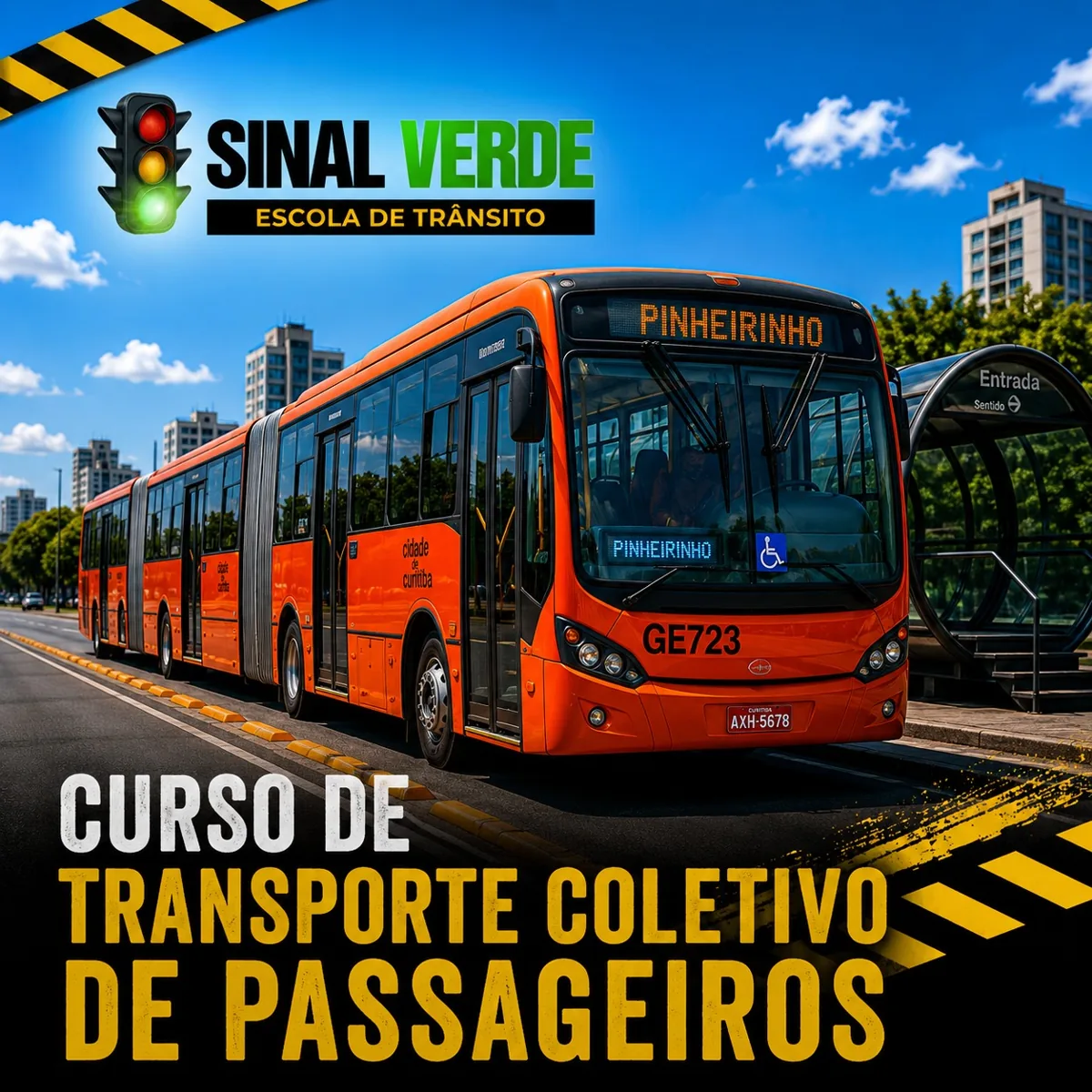 Motorista profissional sorridente diante de ônibus amarelo completo em terminal