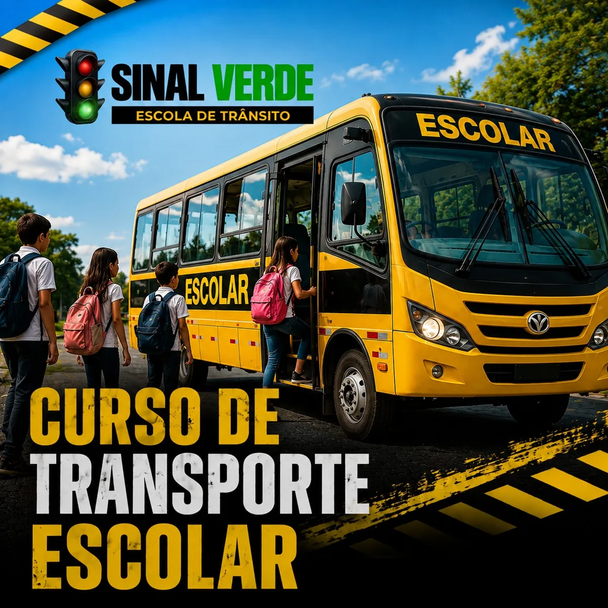 Condutor profissional diante de van escolar amarela e preta completa em ambiente seguro