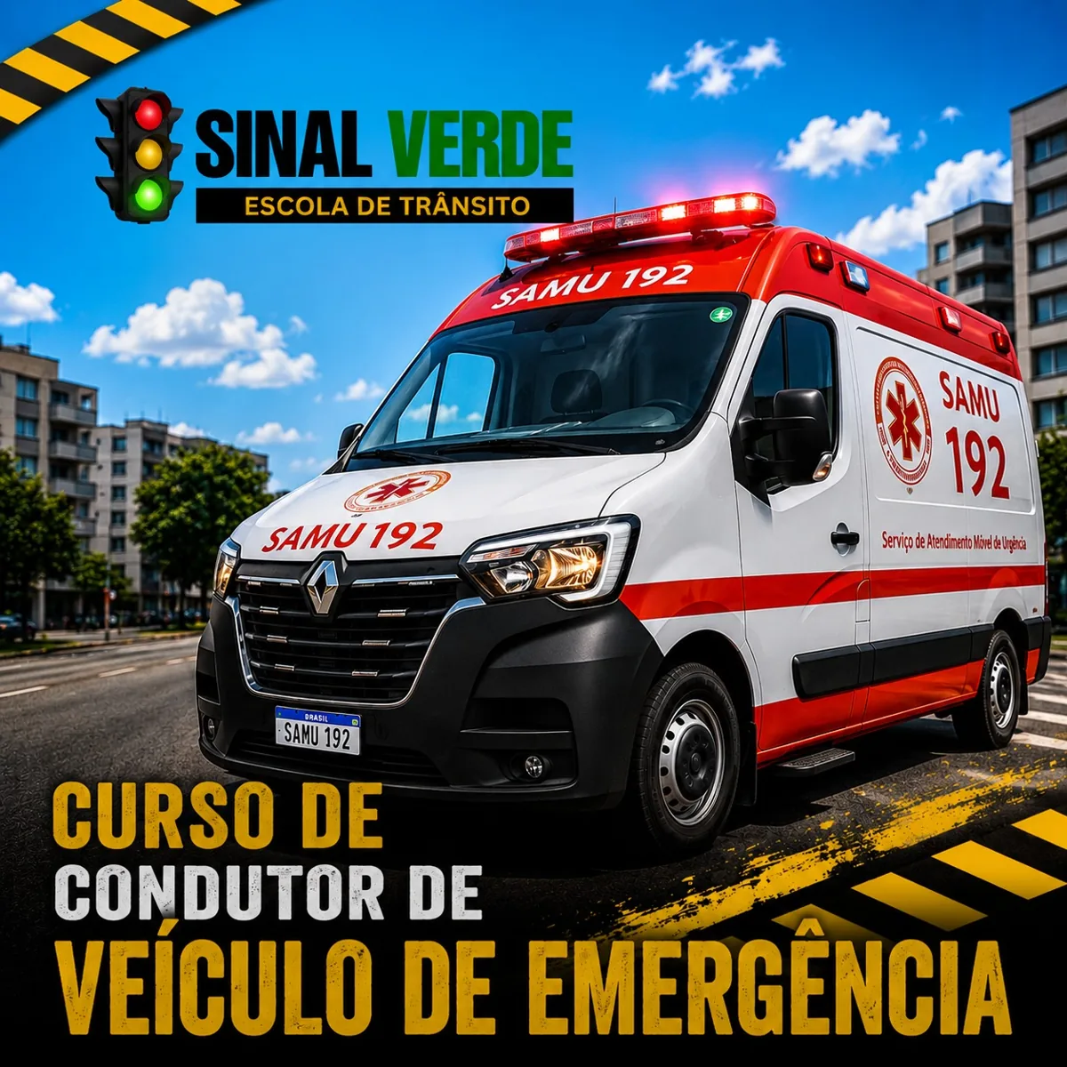 Condutor profissional uniformizado diante de ambulância completa em garagem de emergência